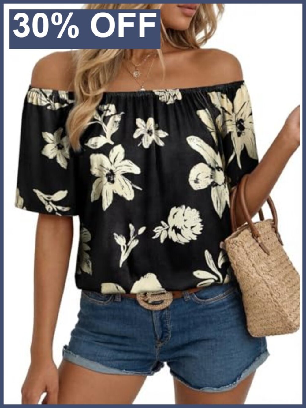 Women's Boho Off Shoulder Floral Blouse Short Sleeve Peasant Top Summer